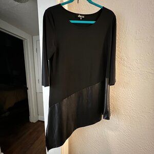 Black 3 quarter sleeve tunic top with asymmetrical faux leather detail